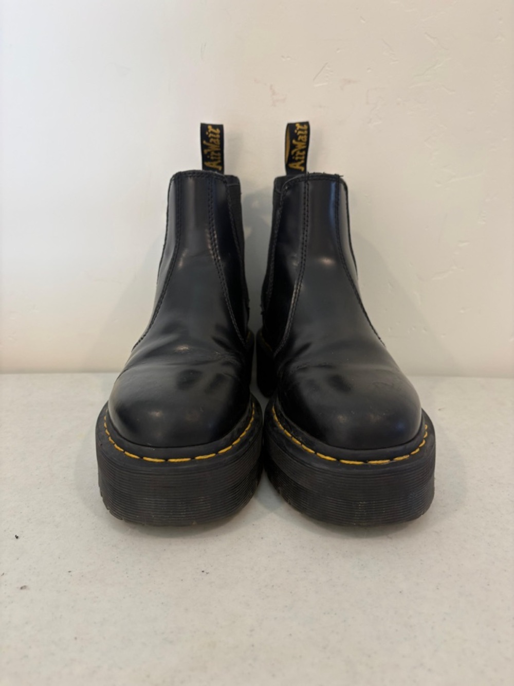 Dr. Martens Black Leather Chelsea Platform Boots with Yellow Stitching